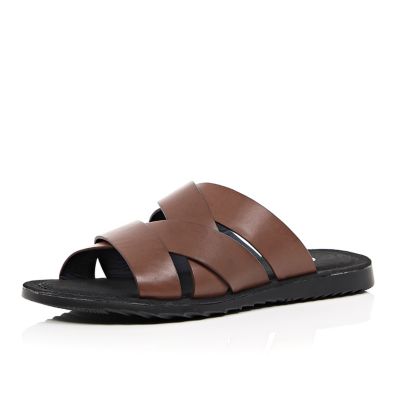 Brown cross strap mule sandals